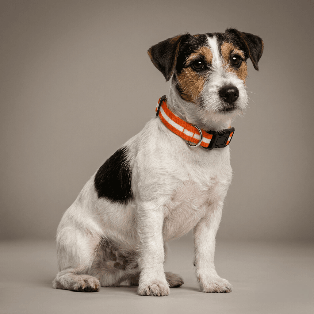 Terrier dog wearing an orange reflective collar on a neutral background