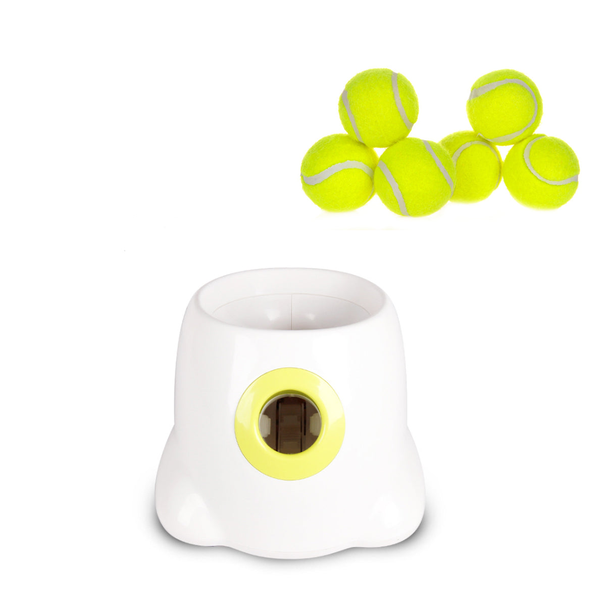 White container with a small hole for tennis balls on a white background