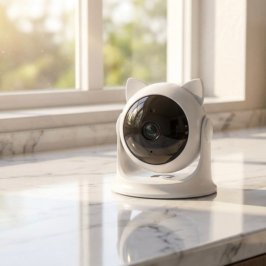 Cat-ear laser toy on marble countertop by a sunny window — interactive pet laser toy for cats
