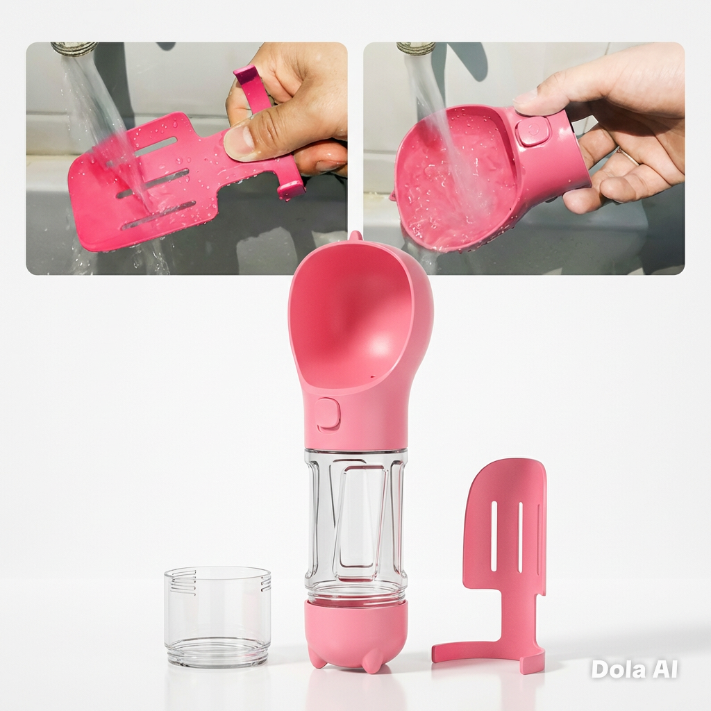 Pink multi-purpose dog water bottle shown disassembled with food cup and poop shovel, plus inset showing rinse under tap — portable dog walk bottle