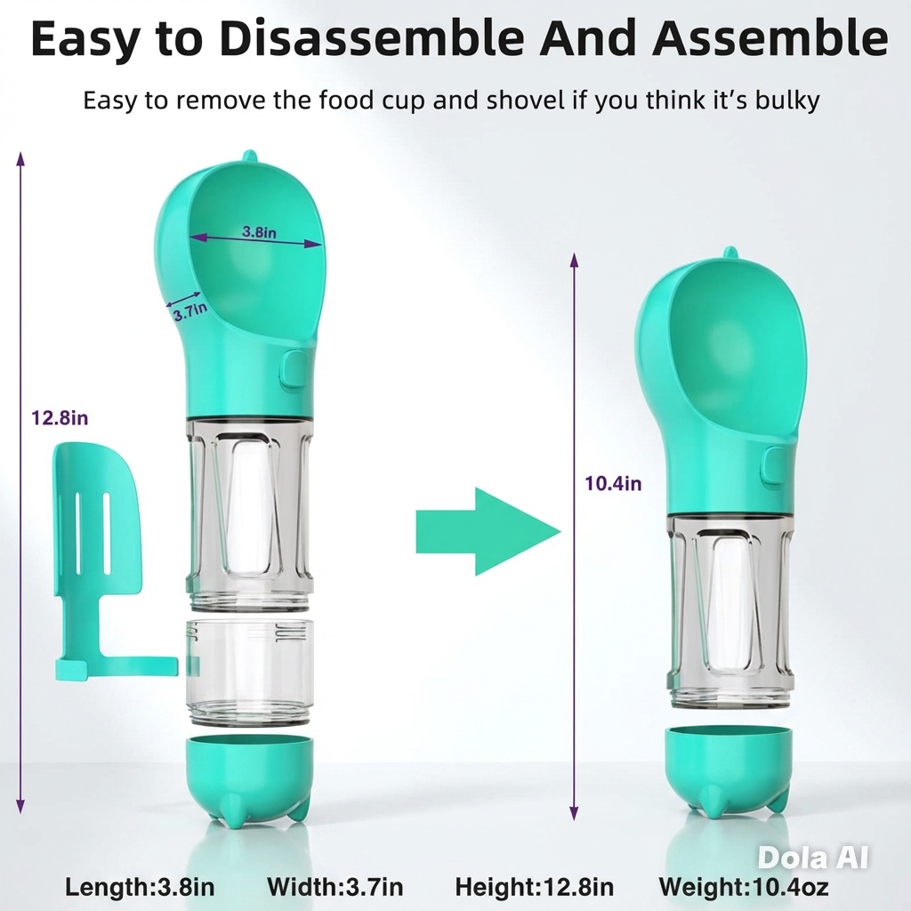 Teal multi-purpose dog bottle dimensions infographic — 3.8in length, 3.7in width, 12.8in height, 10.4oz weight — easy to disassemble and assemble