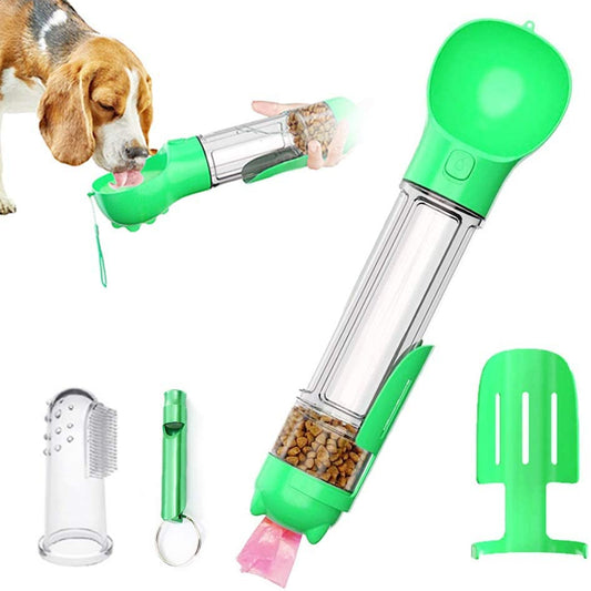 Green pet feeding and water bottle with accessories on a white background
