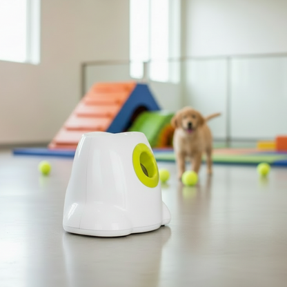 Golden retriever puppy standing behind automatic ball launcher in doggy day care indoor play area with agility equipment — interactive dog fetch toy