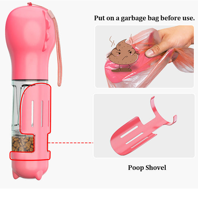 Pink multi-purpose dog bottle showing detachable poop shovel and built-in food compartment with instructions to fit a garbage bag before use