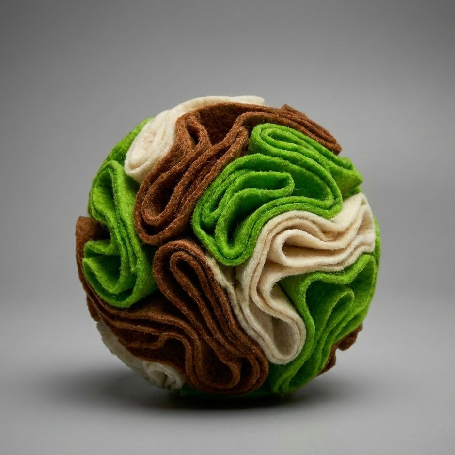 Dog snuffle ball in green, brown and cream fleece on grey background — hide and seek treat ball for dogs