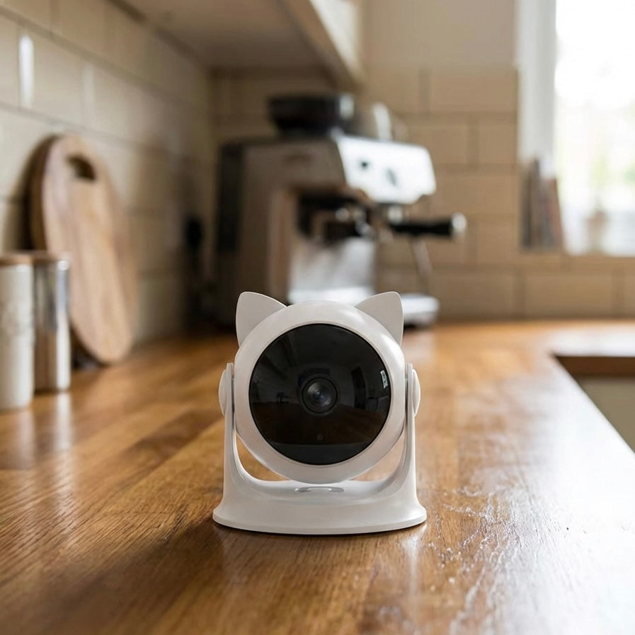 Cat-ear cat laser toy on wooden kitchen counter — automatic interactive laser toy for cats
