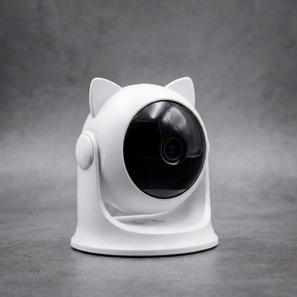 White cat-ear automatic laser toy on grey background — 360° rotating cat laser toy