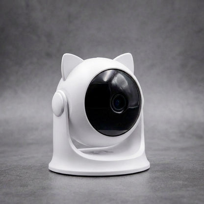 White cat-ear automatic laser toy on grey background — 360° rotating cat laser toy