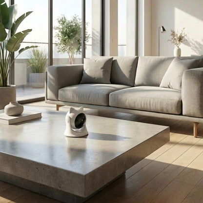 White cat-ear laser toy on concrete coffee table in modern living room — automatic pet enrichment toy