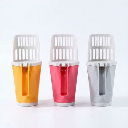 Cat litter scoop with waste bag dispenser in three colours — orange, pink and grey — on white background