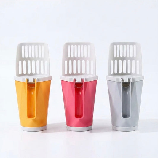 Cat litter scoop with waste bag dispenser in three colours — orange, pink and grey — on white background