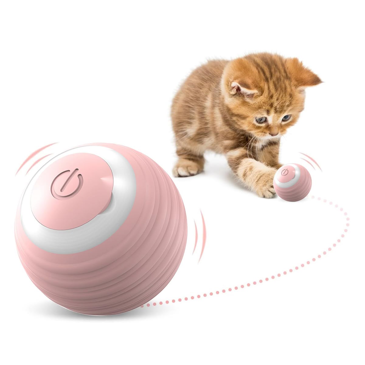 Pink electronic ball with a power button next to a kitten on a white background