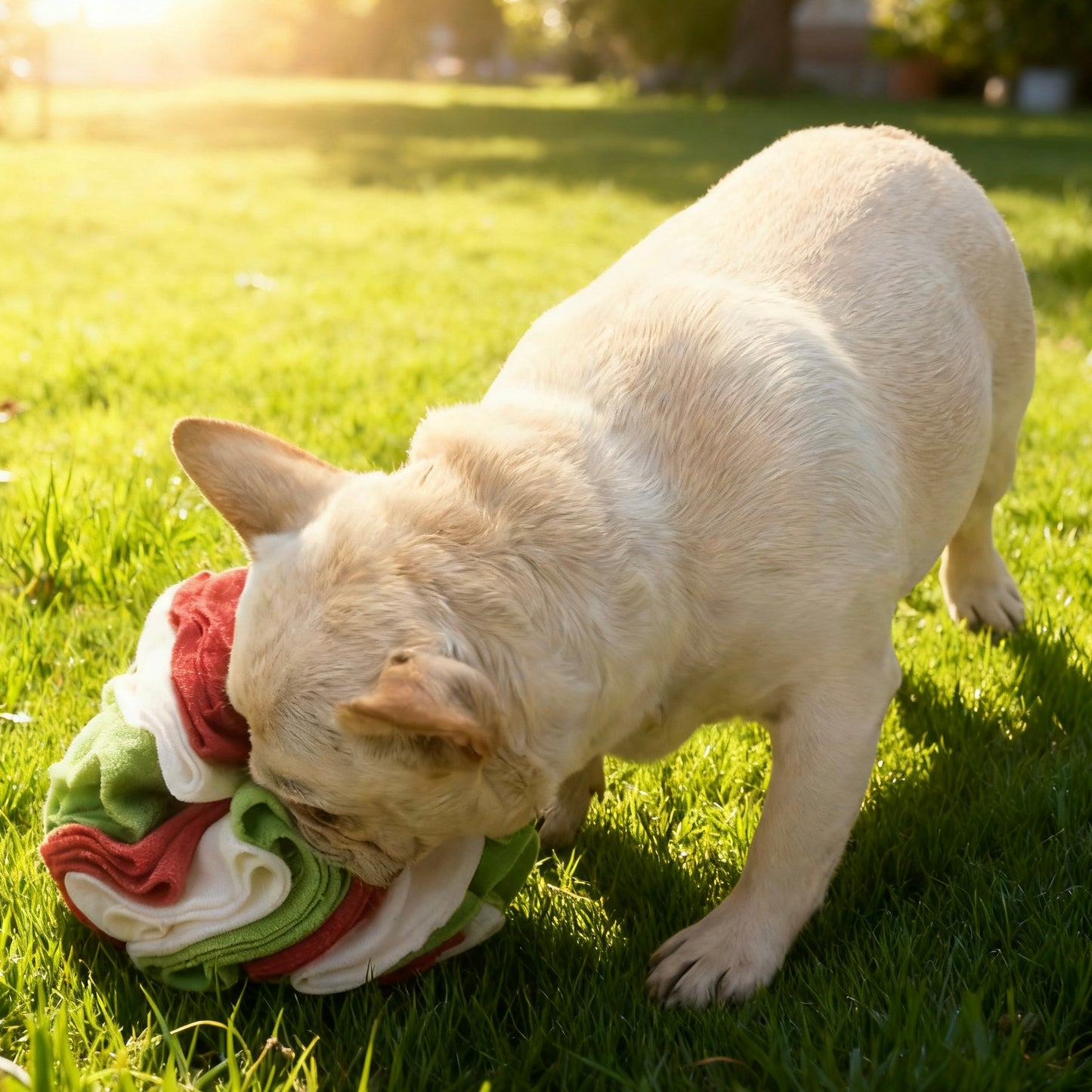 Cream French Bulldog nosing a red, green and white fleece snuffle ball on grass in golden sunlight — dog treat snuffle ball for mental stimulation