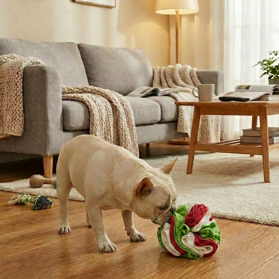 Cream French Bulldog sniffing a red, green and white fleece snuffle ball on a wooden floor in a cosy living room — interactive dog enrichment toy