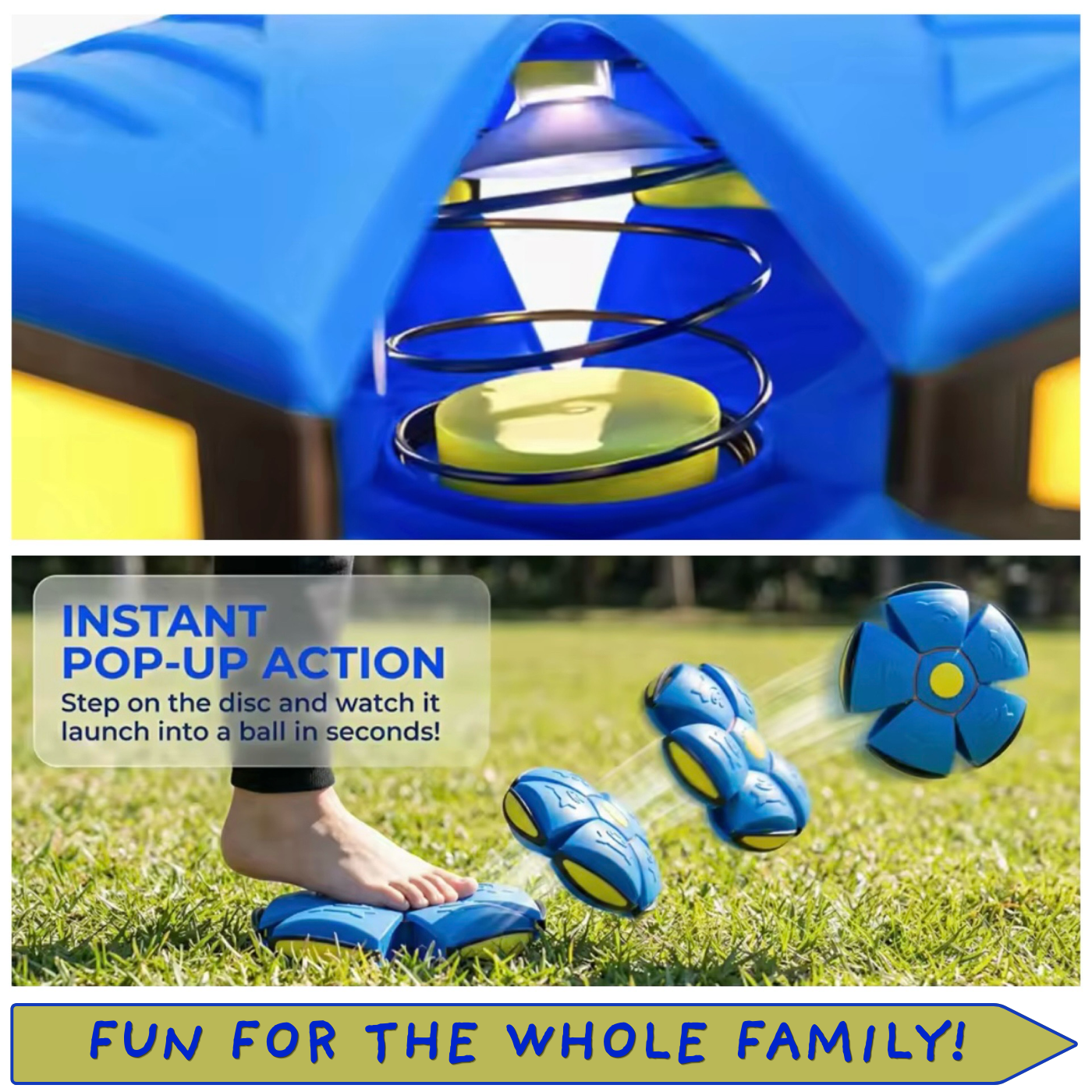 Pop-up ball toy showing spring mechanism close-up and instant pop-up action — step on the disc and it launches into a ball in seconds — fun for the whole family