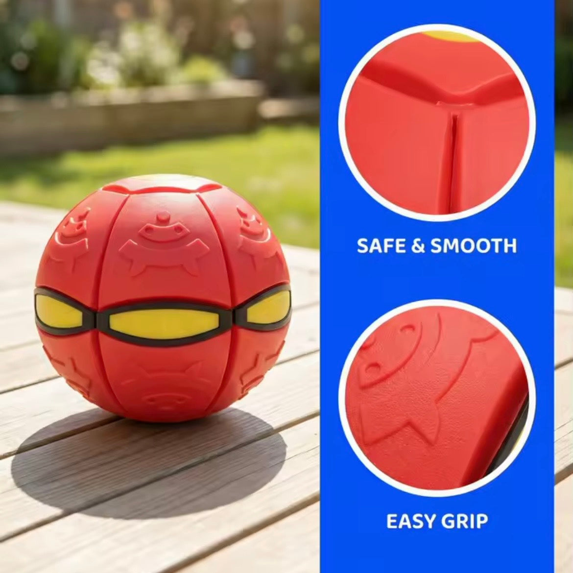 Red pop-up ball toy on garden decking with close-up insets showing safe smooth surface and easy grip texture — outdoor fetch toy for dogs and kids