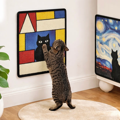 Tabby cat standing and scratching Mondrian-style wall-mounted geometric cat scratcher in modern living room — sisal cat scratching mat
