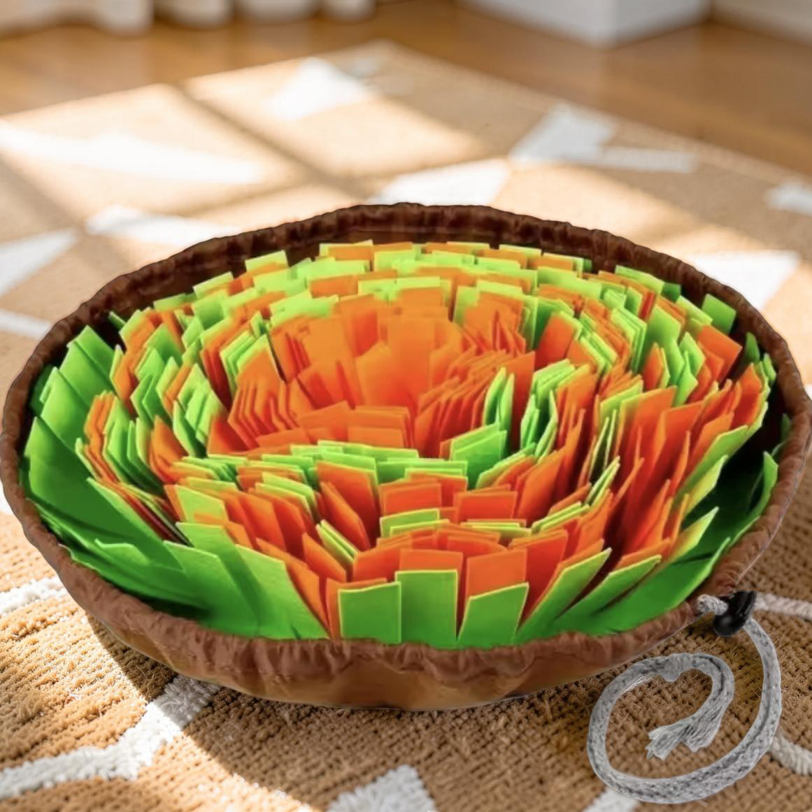 Orange and green felt snuffle mat on jute rug — slow feeder dog enrichment mat