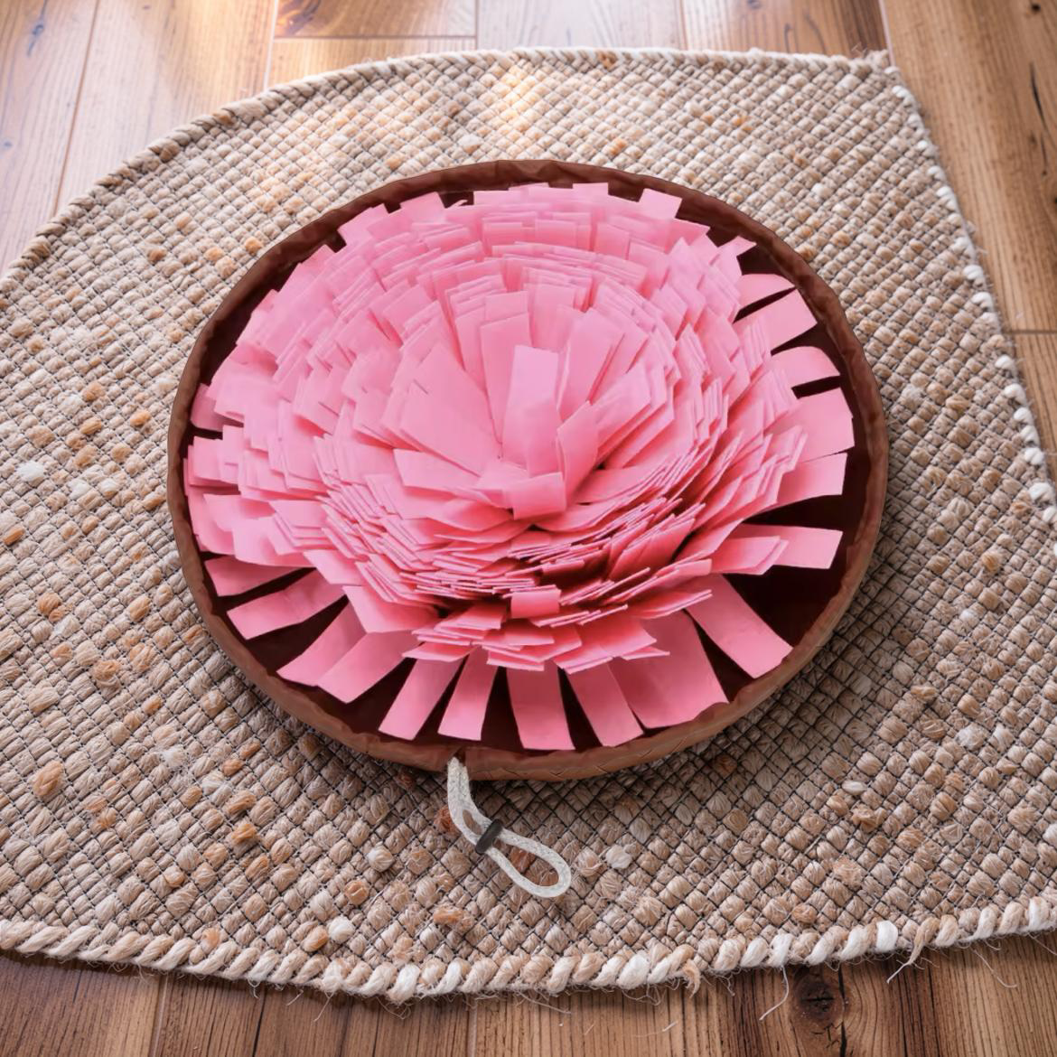 Pink felt snuffle mat on jute rug — dog treat snuffle mat for mental stimulation