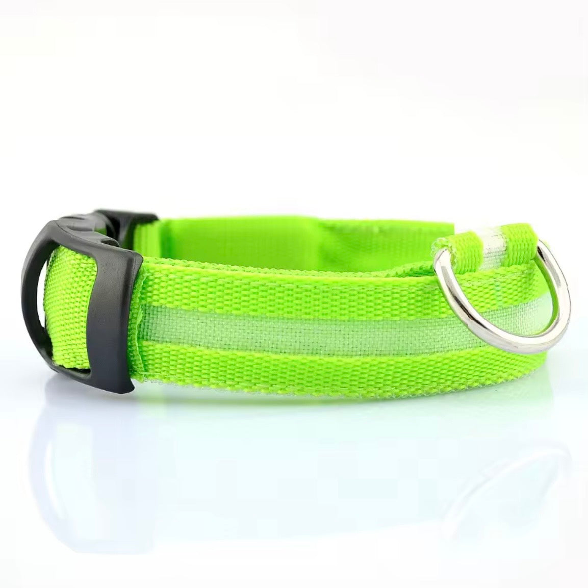 Green LED dog collar with reflective strip and quick-release buckle — USB rechargeable light-up dog collar