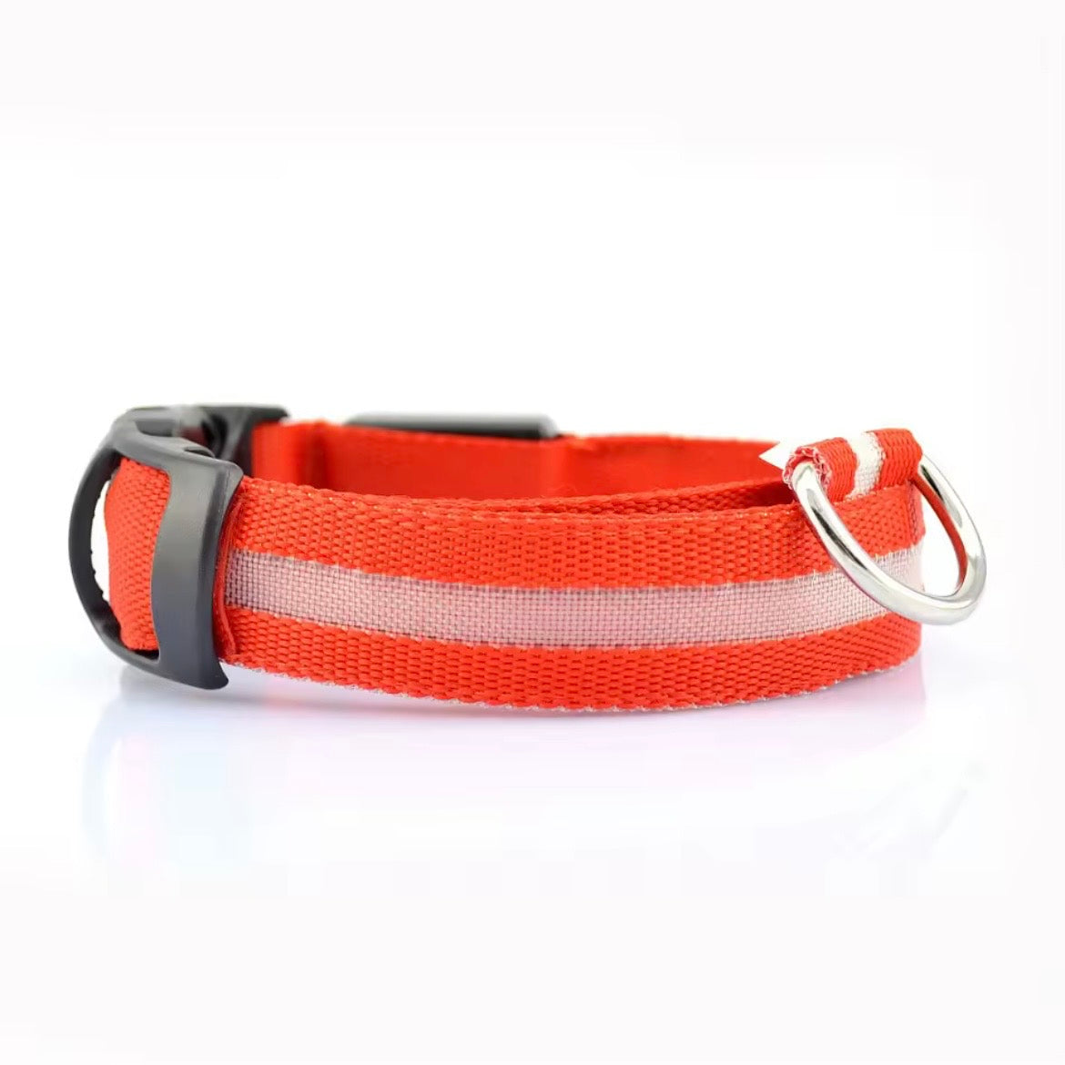 Orange LED dog collar with reflective strip and quick-release buckle — USB rechargeable light-up dog collar
