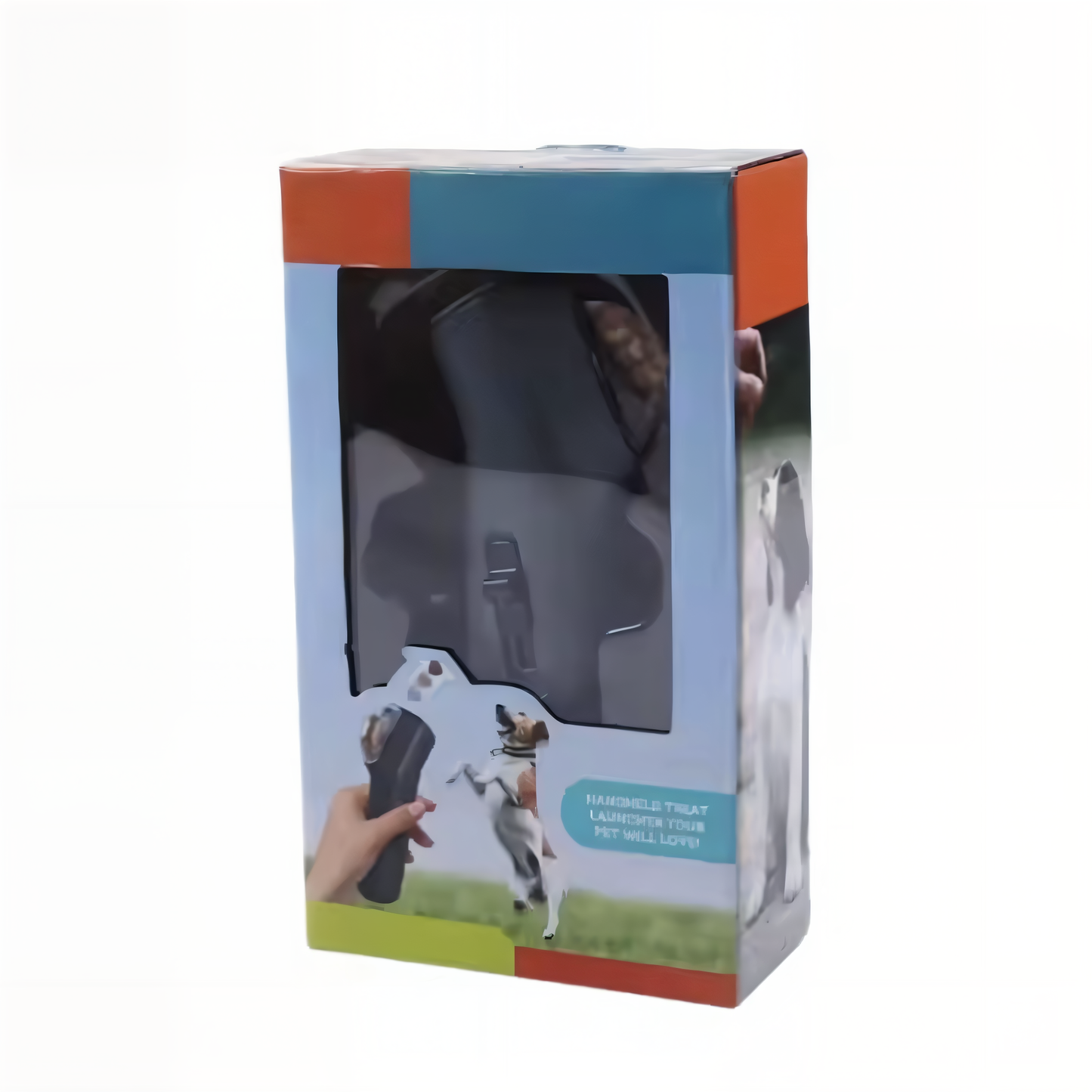 Pet treat launcher in retail packaging box showing product through window — handheld treat launcher for dog training
