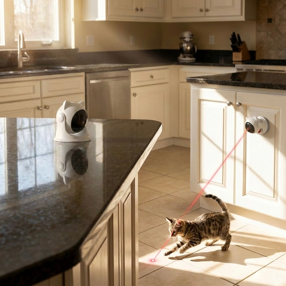 Tabby cat playing with Boop & Scoot interactive laser toy in kitchen — automatic cat laser toy for indoor cats