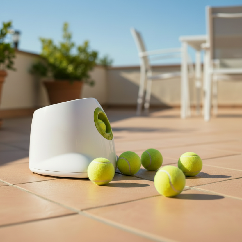 Automatic dog ball launcher on sunny outdoor terrace with 5 tennis balls — indoor and outdoor dog fetch toy