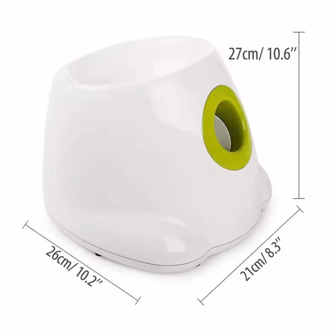 Automatic dog ball launcher dimensions — 27cm height, 26cm width, 21cm depth — white and green automatic fetch machine for dogs