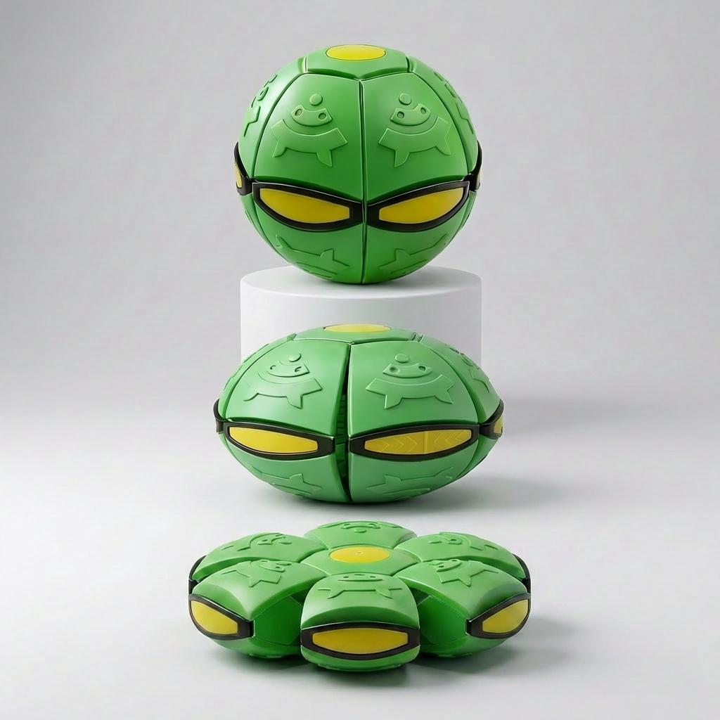 Green pop-up ball toy shown in three stages — flat disc, mid-transform, and full ball — on grey background — collapsible dog and family fetch toy