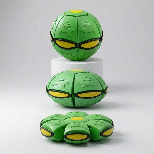 Green pop-up ball toy shown in three stages — flat disc, mid-transform, and full ball — on grey background — collapsible dog and family fetch toy