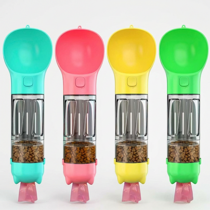 Multi-purpose dog walk bottles in pink, teal, yellow and green on white background — portable water food and poop shovel bottle for dogs