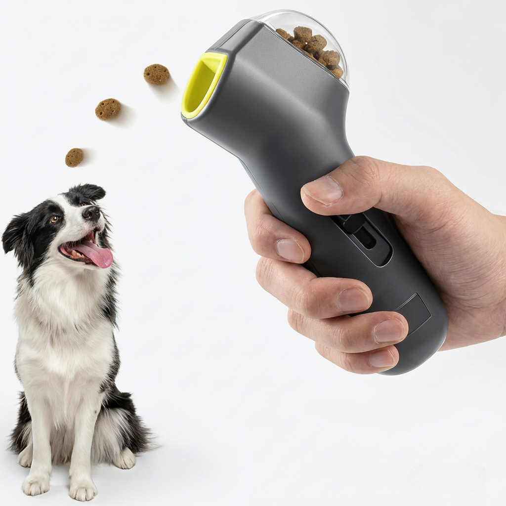 Hand holding grey pet treat launcher shooting treats towards a happy Border Collie — handheld dog treat launcher for training