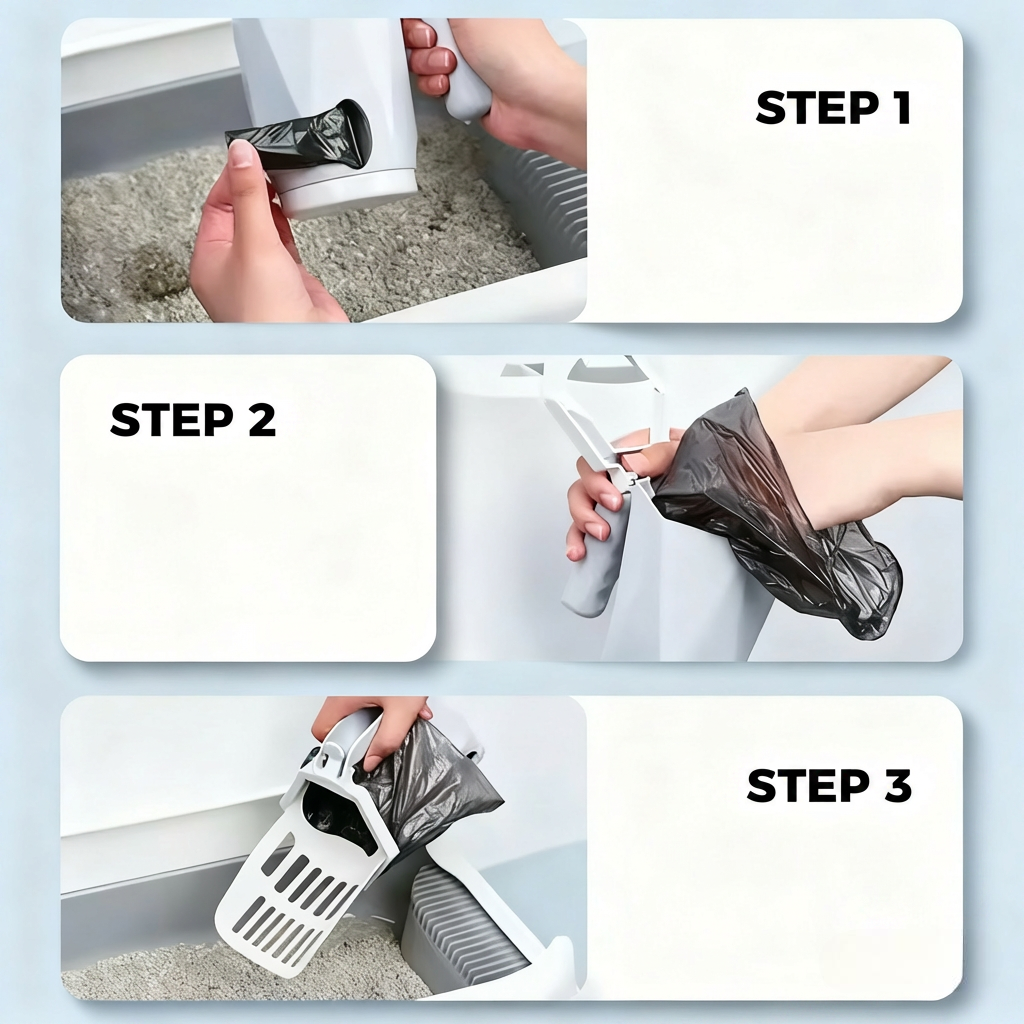 Three-step guide showing how to use cat litter scoop with built-in waste bag dispenser — Step 1: scoop litter, Step 2: pull bag over waste, Step 3: seal and dispose
