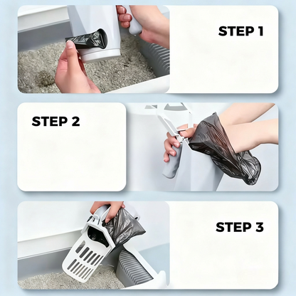Three-step guide showing how to use cat litter scoop with built-in waste bag dispenser — Step 1: scoop litter, Step 2: pull bag over waste, Step 3: seal and dispose