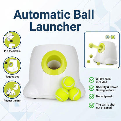 Automatic dog ball launcher infographic showing how it works — put ball in, it goes out, repeat the fun — includes 3 tennis balls, non-slip mat, security and power saving feature