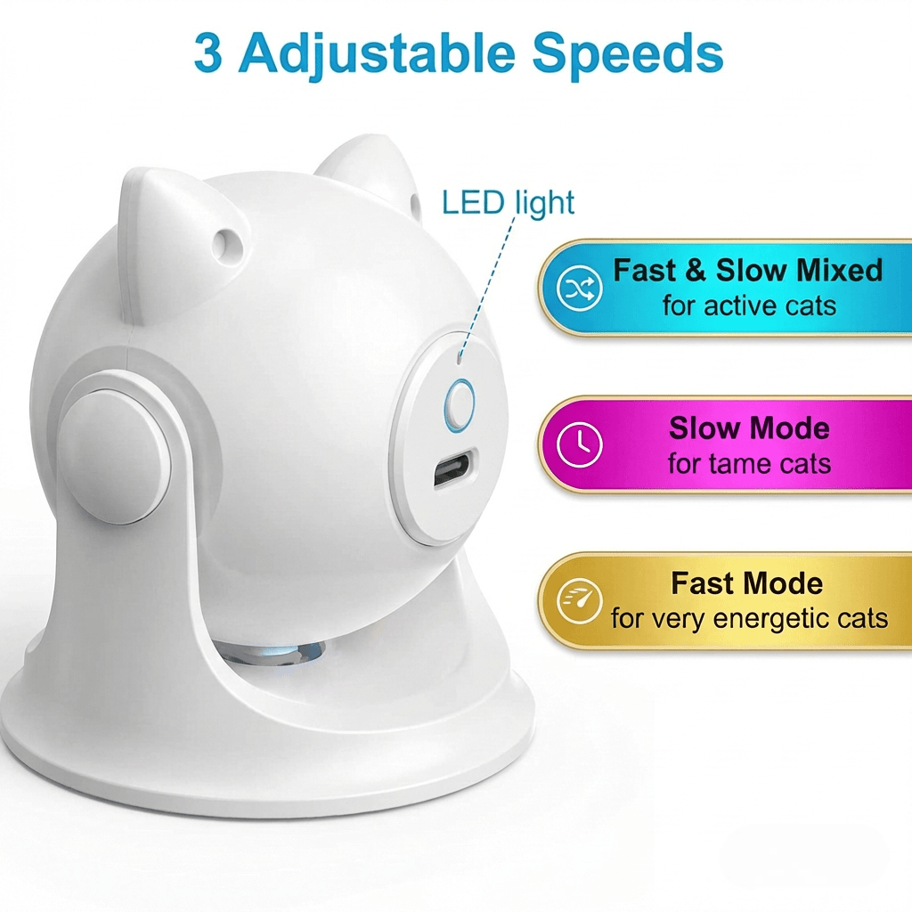 Cat-ear laser toy with 3 speed modes — Fast & Slow Mixed, Slow Mode, and Fast Mode — shown with button control and USB charging port