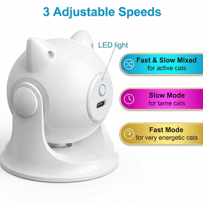 Cat-ear laser toy with 3 speed modes — Fast & Slow Mixed, Slow Mode, and Fast Mode — shown with button control and USB charging port