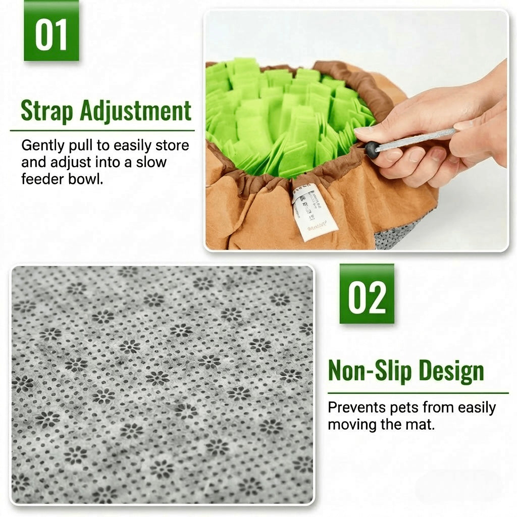 Dog snuffle mat infographic showing how to adjust the size with a pull cord and the anti-slip base material