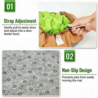 Dog snuffle mat infographic showing how to adjust the size with a pull cord and the anti-slip base material