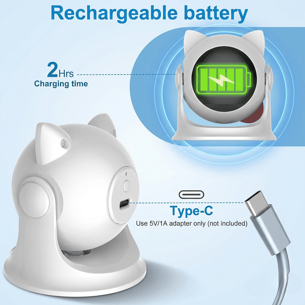 Cat-ear laser toy showing rechargeable battery, USB Type-C charging port, and dimensions 3in x 2.8in