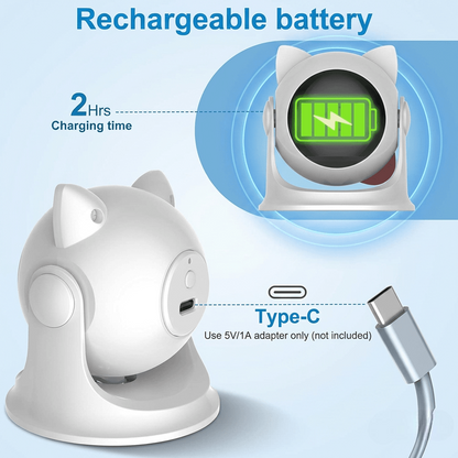 Cat-ear laser toy showing rechargeable battery, USB Type-C charging port, and dimensions 3in x 2.8in