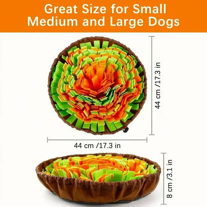 Dog snuffle mat size guide showing 44cm x 44cm diameter and 8cm depth — suitable for small, medium and large dogs