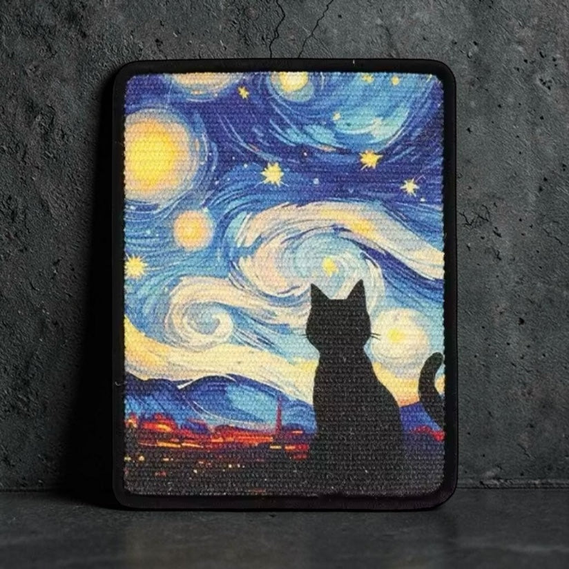 Cat scratcher wall mat with Van Gogh Starry Night and cat silhouette design — wall-mounted sisal cat scratching pad