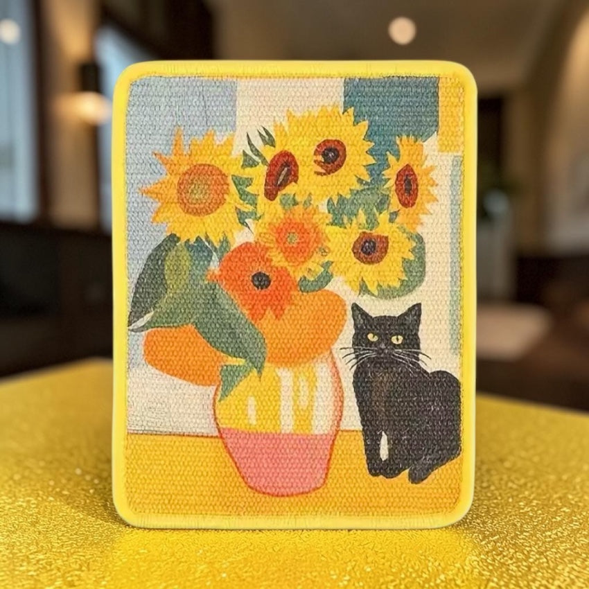 Cat scratcher wall mat with Van Gogh sunflowers and black cat design — wall-mounted sisal cat scratching pad