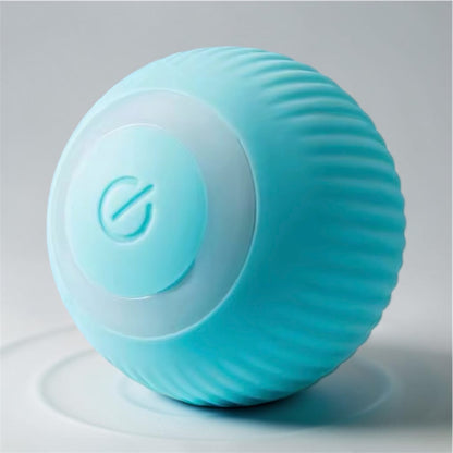 Teal ribbed automatic rolling ball toy with power button on grey background — USB rechargeable smart ball for cats and dogs
