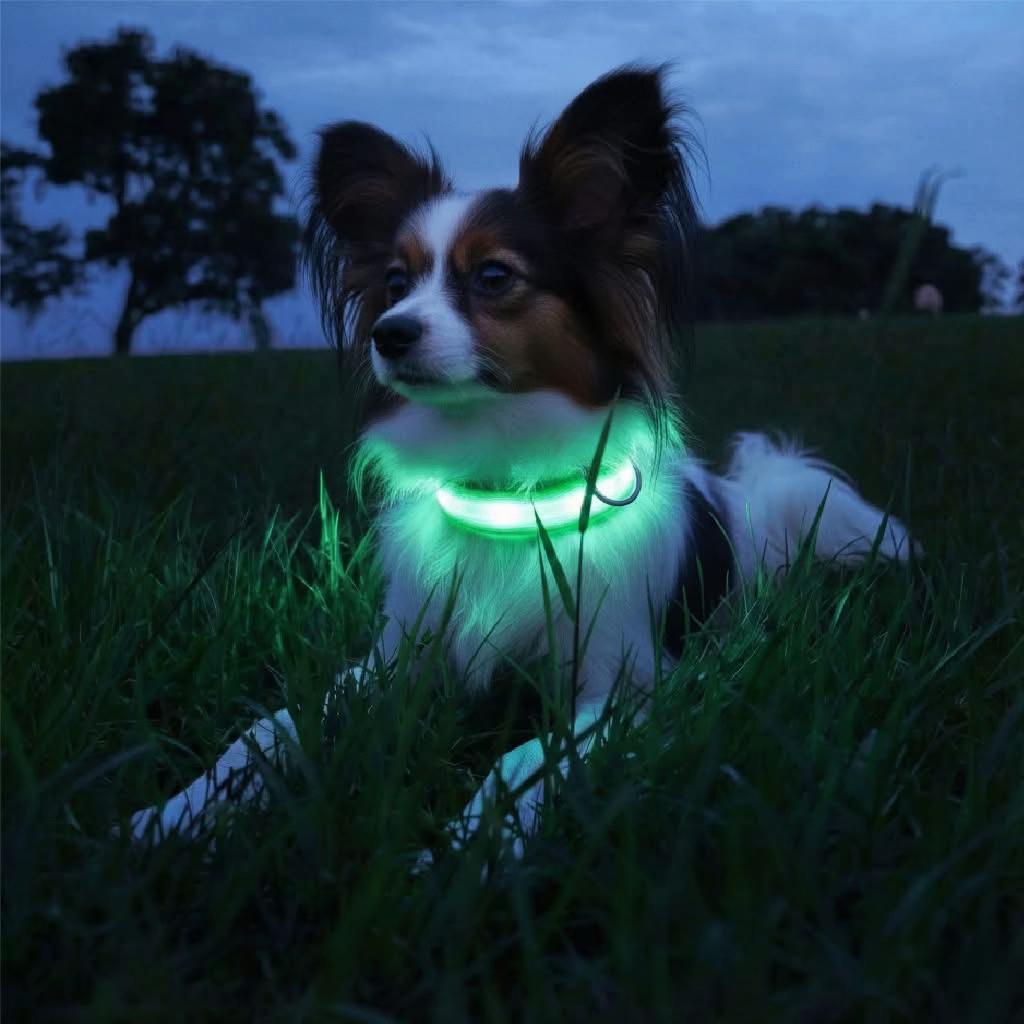 Small brown and white dog wearing glowing white LED collar in the dark — safety night walk dog collar